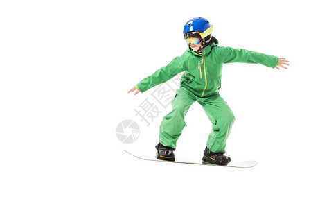 身穿绿色滑雪服和蓝头盔滑雪衣图片