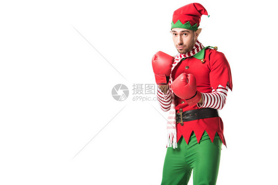 身着圣诞精灵服装戴着红色拳击手套准备与白色隔离的战图片