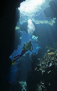 水下洞穴中的女潜水员太阳图片