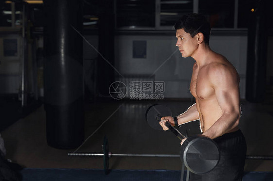 Gym表演Biceps曲线中年轻球手图片