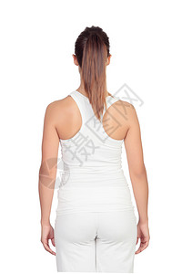 穿着舒适衣服的后背妇女在白色背景上与背景图片