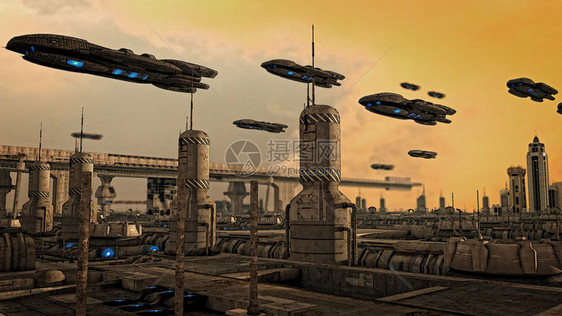 3d渲染城市上空的未来派宇宙飞船UFO图片