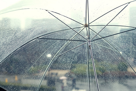 下雨天有雨滴的透明伞背景图片