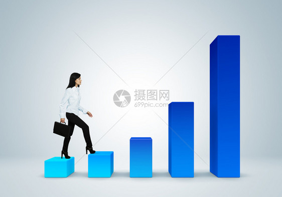财务报告和统计商业成功概念攀登职业阶梯概念带手提箱的女商人走在条图片