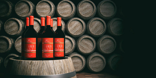木桶背景上的3d渲染红酒瓶图片