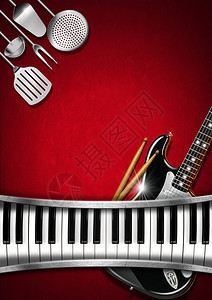 配有厨房用具电吉他钢琴键盘和鼓棒的红色天鹅绒背景图片