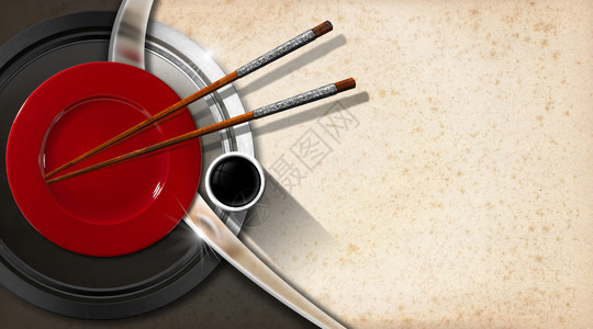 红色板木棍和银筷子以及一碗酱汁亚洲菜单的模板Asiansup图片