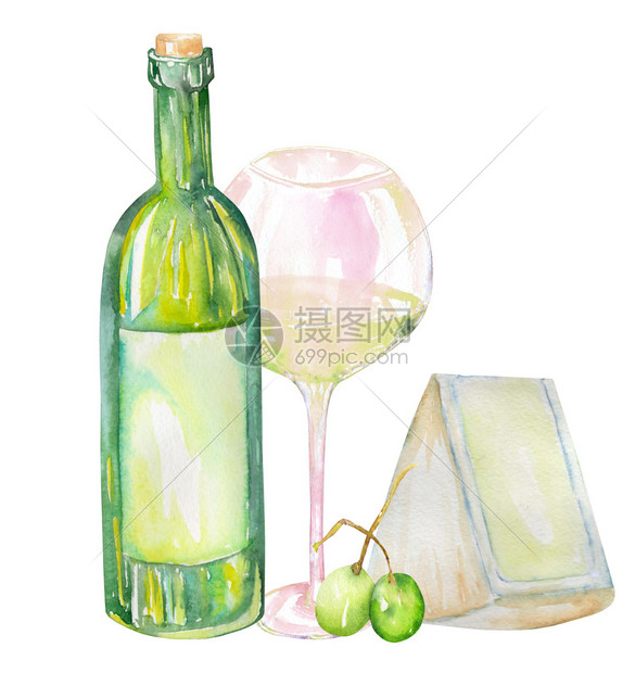 孤立的水彩白葡萄酒瓶一杯白葡萄酒布里奶酪和绿葡萄的插图在白色背景上图片