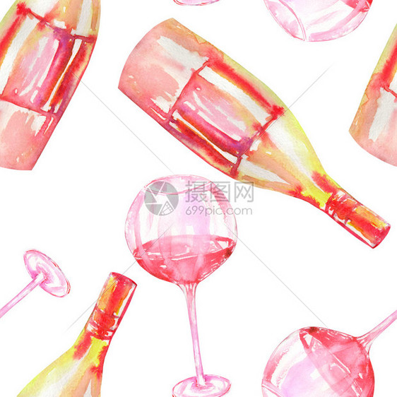 红酒和红酒香柏干瓶子的手画眼镜无缝图案涂在白色背图片