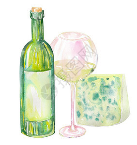 孤立的水彩酒瓶蓝奶酪和一杯白葡萄酒的图像在白色背景上图片