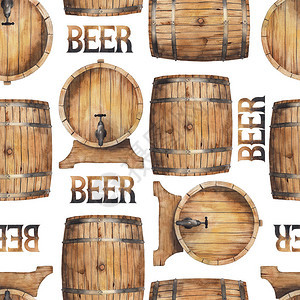 正面和侧面的水彩啤酒桶手绘无缝图案图片