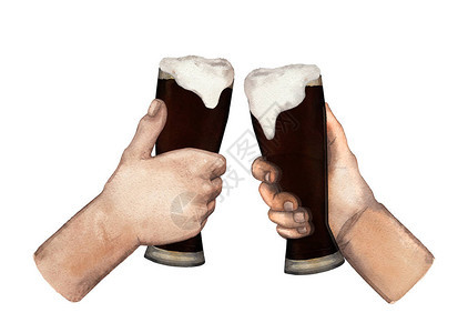 两只水彩手握着深啤酒高杯子用白色背景隔图片