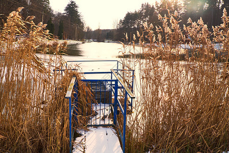 冬季公园湖上的防洪闸图片