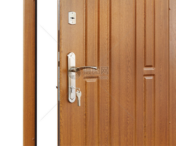 打开门把手带钥匙的门锁孤立的棕色木门特写现代室内设计图片
