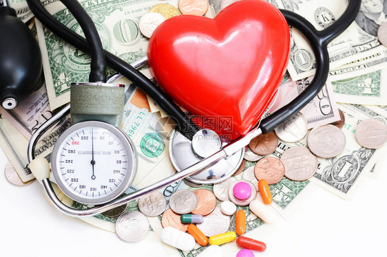 带有红心药丸和货币堆积体上医疗工具的图片