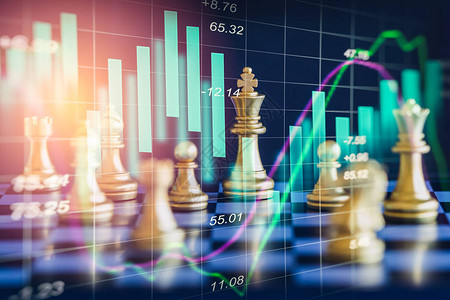 数字股市金融和国际象棋背景下的商业游戏LED上的数字业务和股市金融双重曝光国际象棋商业战略和图片