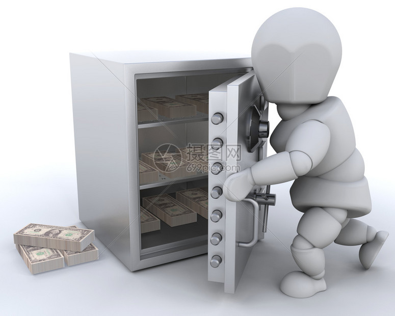 3D渲染显示有人将钱藏在保险箱中图片