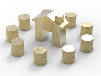 房地产投资概念黄金模拟房屋和金币堆背景图片
