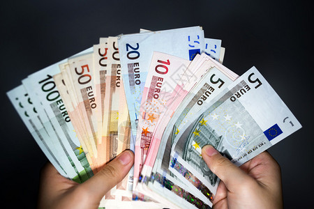 手持有的各种欧元货币面值的背景图片