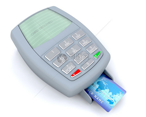 信用卡机器的3D渲染显示卡被拒绝图片