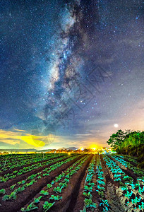 背景灯火夜间风景与银河在天空中背景