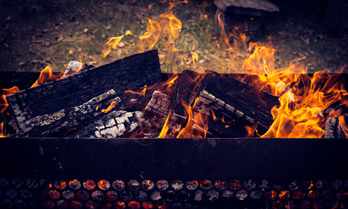 烧烤炉中燃烧的木柴在自然圈图片