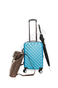 蓝色手提箱手柄伞和包袋用于在白图片
