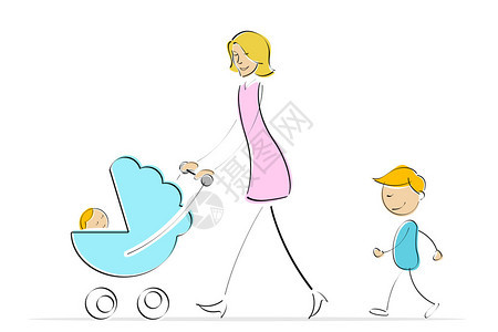 说明母亲与儿子和婴儿一起在Pram图片