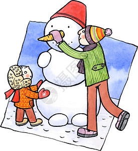 小男孩和他父亲在造雪人水图片