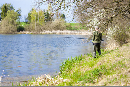 春天在池塘钓鱼的女人背景图片