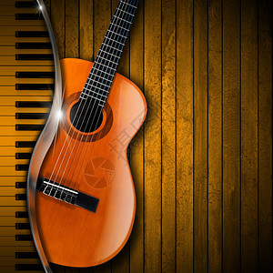 原声棕色吉他和钢琴在质朴的木质背景下图片
