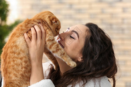 家里有可爱逗猫的年轻女人图片