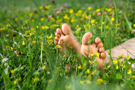美丽的脚躺在草坪上图片