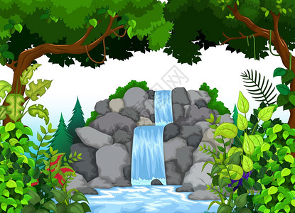 树林具有风景背的瀑布插图插画