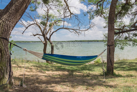美国得克萨斯州大草原城湖畔公园的树荫下空荡的绿色吊床图片