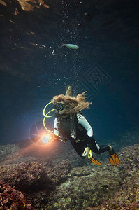 探索地中海底洋生物的女潜水员Sc图片