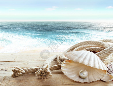 船上有一颗内有珍珠的公海贝壳图片