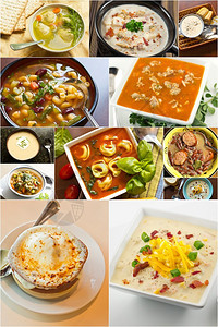 食物拼贴图像中各种流行的自制汤图片