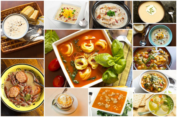 食物拼贴图像中各种流行的自制汤图片