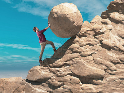 人类把一块巨大的石头球推向山顶成功的概图片