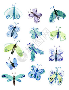 蓝色和绿色的水彩飞蛾背景图片