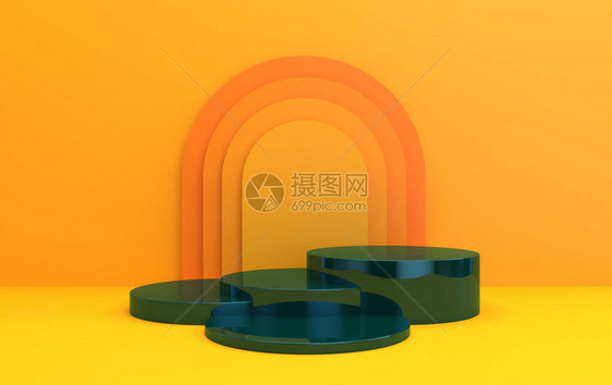 带有黄色讲台的弧线简约的橙色门户3d渲染几何形式的场景最小的抽象背景圆形玻璃讲台图片