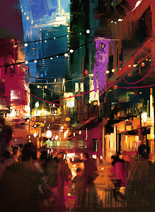 夜间购物街彩绘插图背景图片
