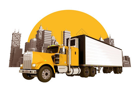 货运行业天际线黄色半卡车城市天际线和大黄色太阳隔离在白色3图片