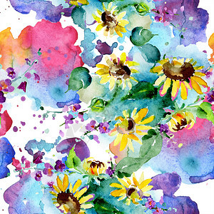 一束野花和向日葵水彩背景插图集水彩画时尚水彩画孤立无缝背景图案织物图片