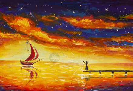 梦幻般的插图美术在桥上等待火的女孩人遇到红帆的船黄色海水书画背景图片