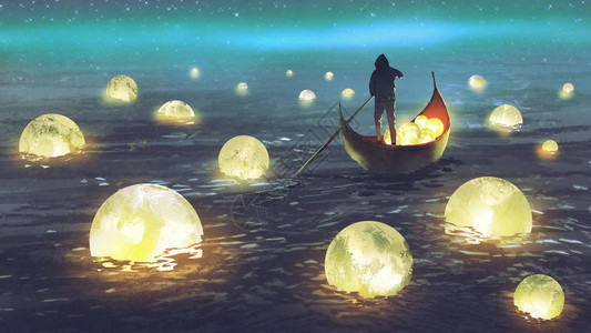 一名男子在海上漂浮的月亮数字艺术风格插图绘画中划船登上船图片