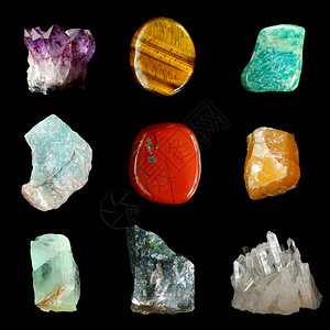 一组各种矿物岩石和头紫水晶虎眼石亚马逊石生亚马逊石红碧玉黄色方解石绿色萤石苔藓玛图片