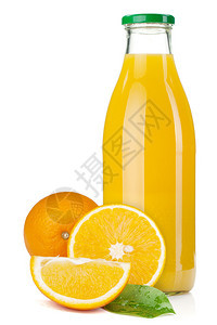 橙汁玻璃瓶和橙子在白色背景上被隔离图片