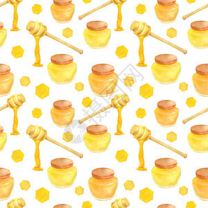 水彩养蜂无缝模式手绘蜂蜜罐勺子和棍子蜂窝用于设计装饰食品包装的图片